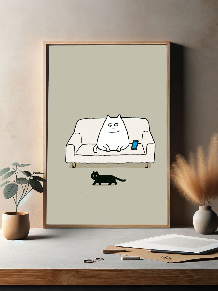 Cat on Sofa Illustration Poster. — room view 2