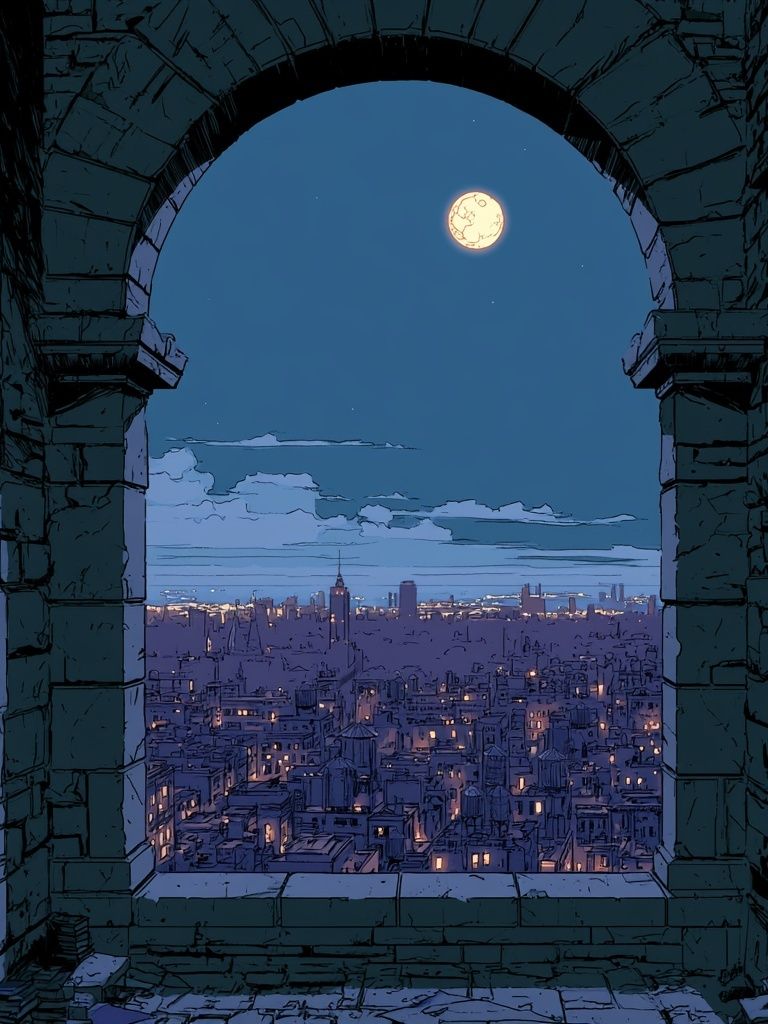 Moonlit City View Illustration Poster. poster — illustration art