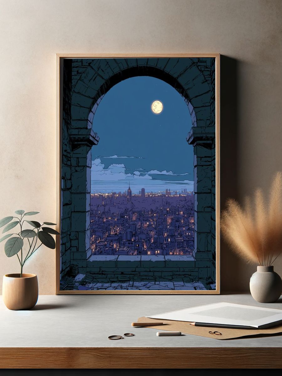 Moonlit City View Illustration Poster. — room view 2