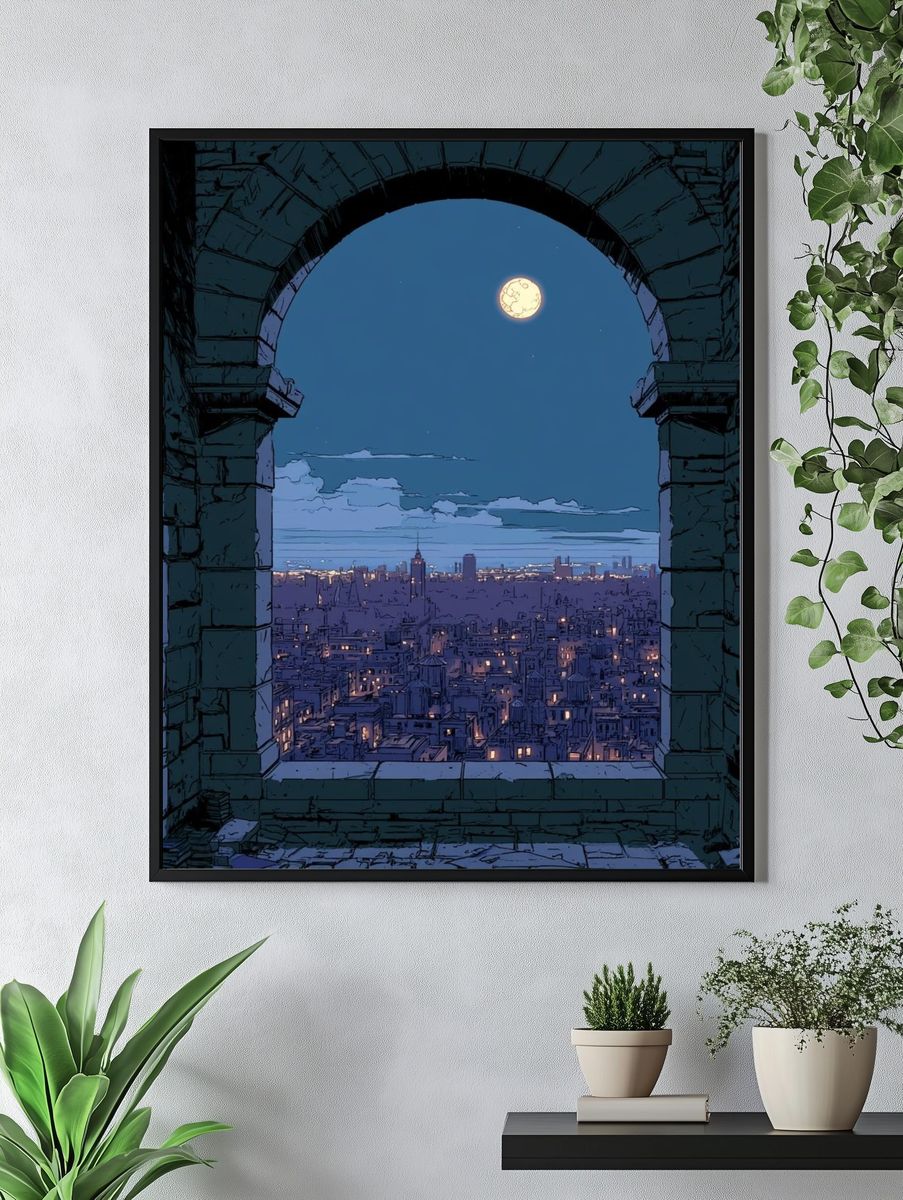 Moonlit City View Illustration Poster. — room view 4