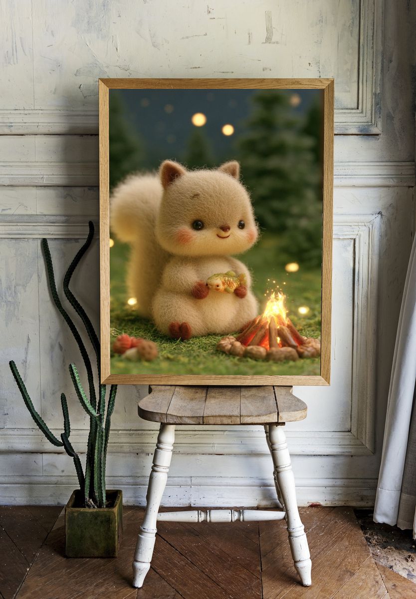 Cute Squirrel Campfire Illustration Poster. — room view 1
