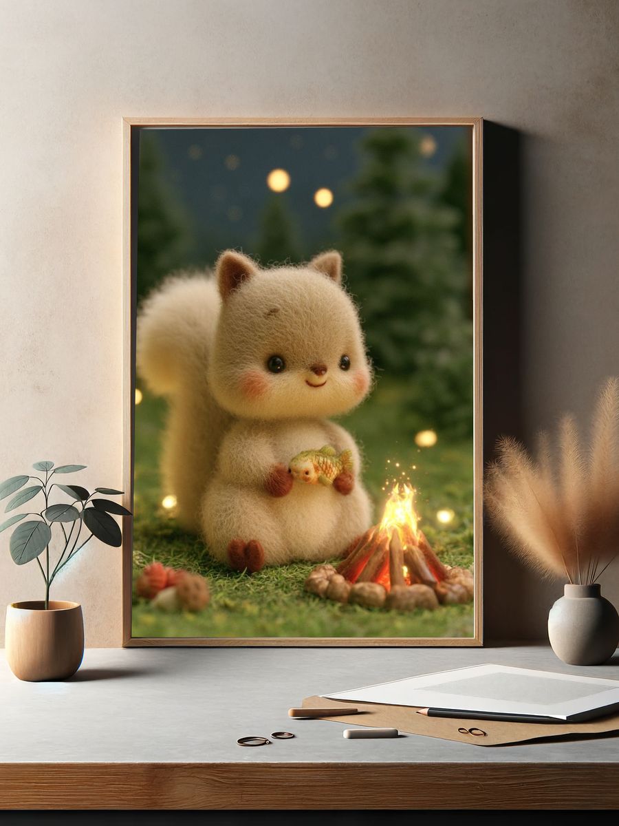 Cute Squirrel Campfire Illustration Poster. — room view 2