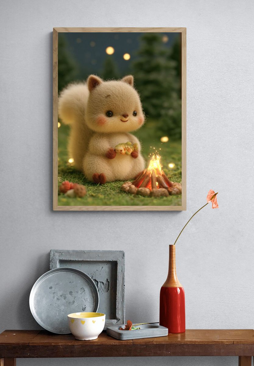 Cute Squirrel Campfire Illustration Poster. — room view 3