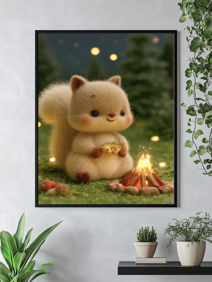 Cute Squirrel Campfire Illustration Poster. — room view 4