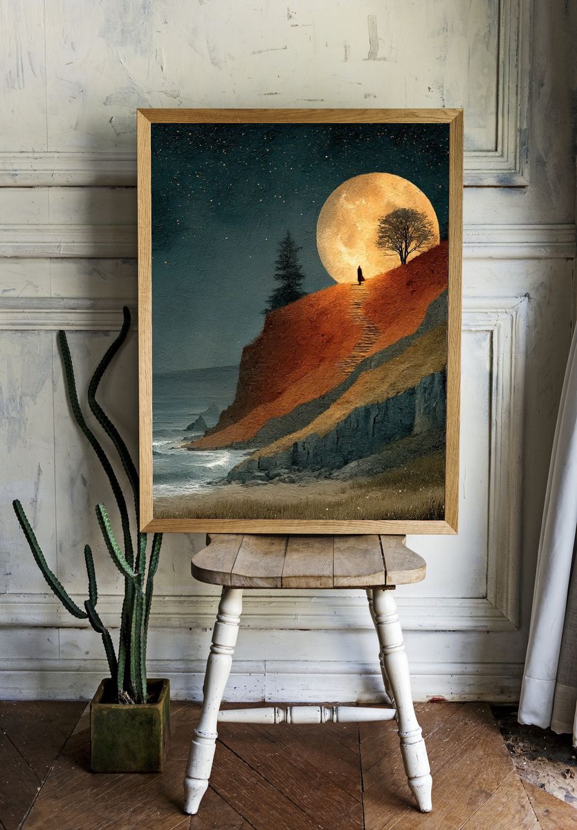 Moonlit Cliffscape Illustration Poster. — room view 1