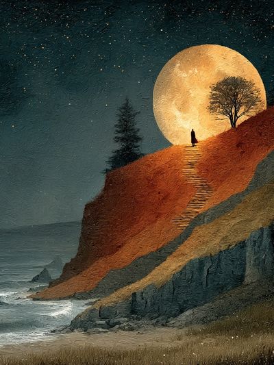 Moonlit Cliffscape Illustration Poster. poster print