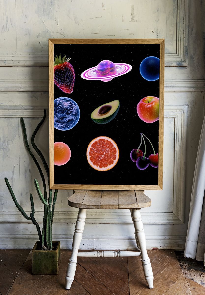 Cosmic Fruit Collage Poster. — room view 1