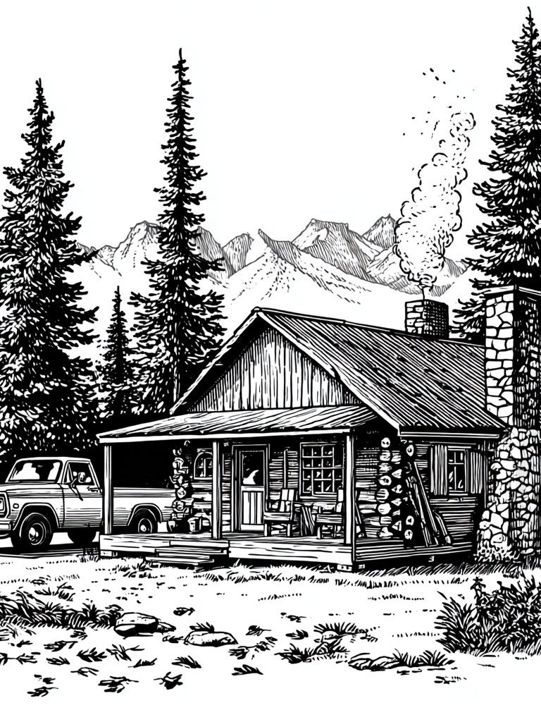 Mountain Cabin Line Art Poster. poster — illustration art