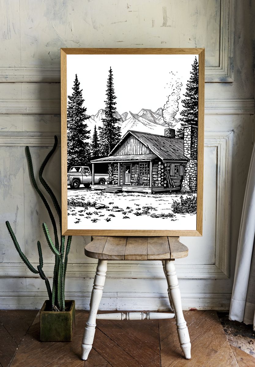 Mountain Cabin Line Art Poster. room preview