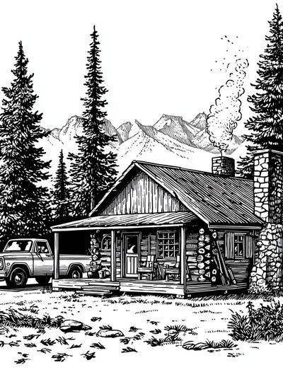 Mountain Cabin Line Art Poster. poster print