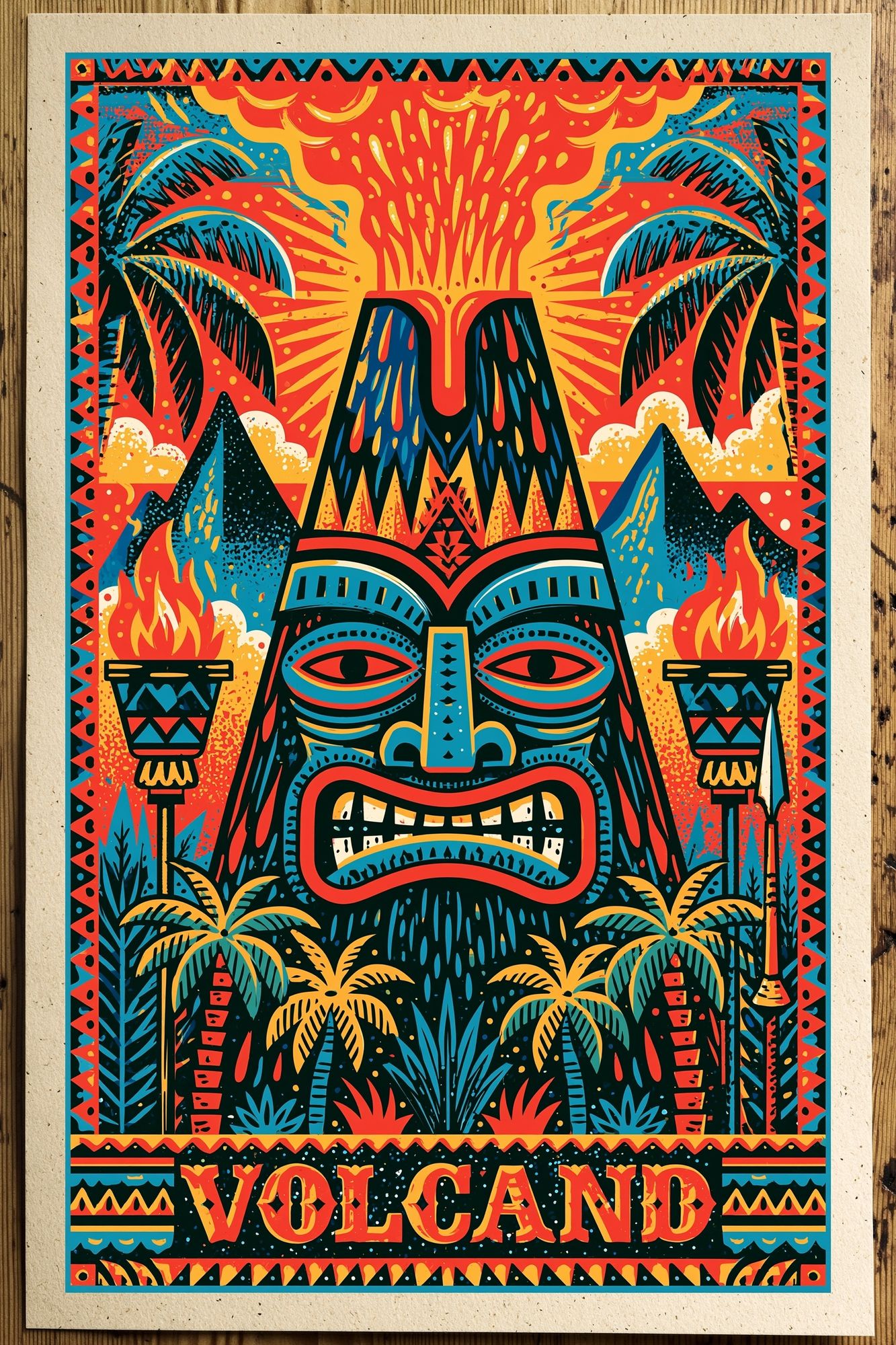 Volcano Tiki Illustration Poster. poster — illustration art