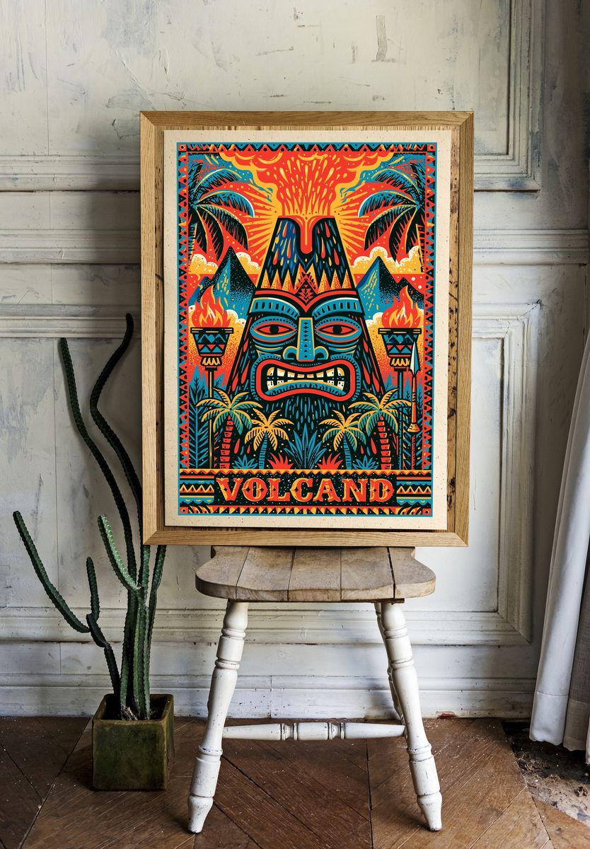Volcano Tiki Illustration Poster. — room view 1