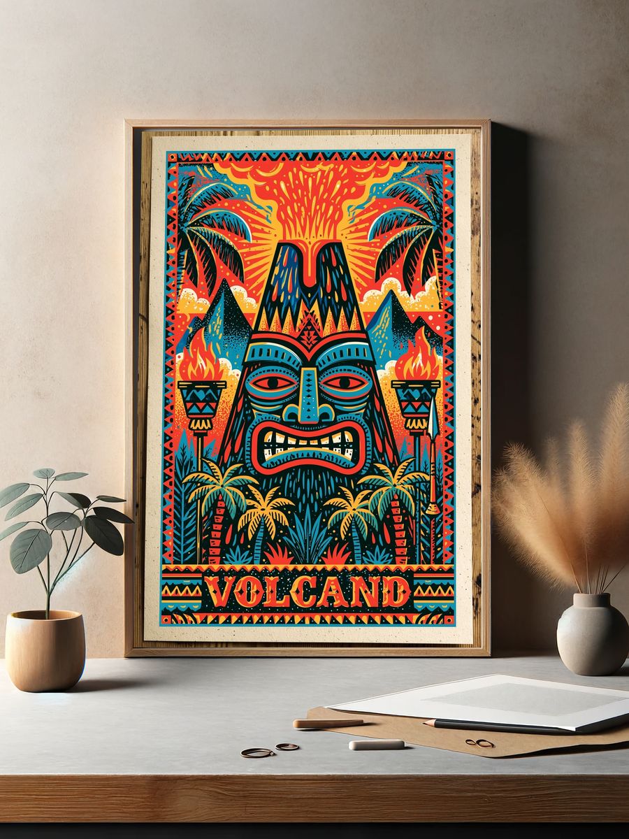 Volcano Tiki Illustration Poster. — room view 2