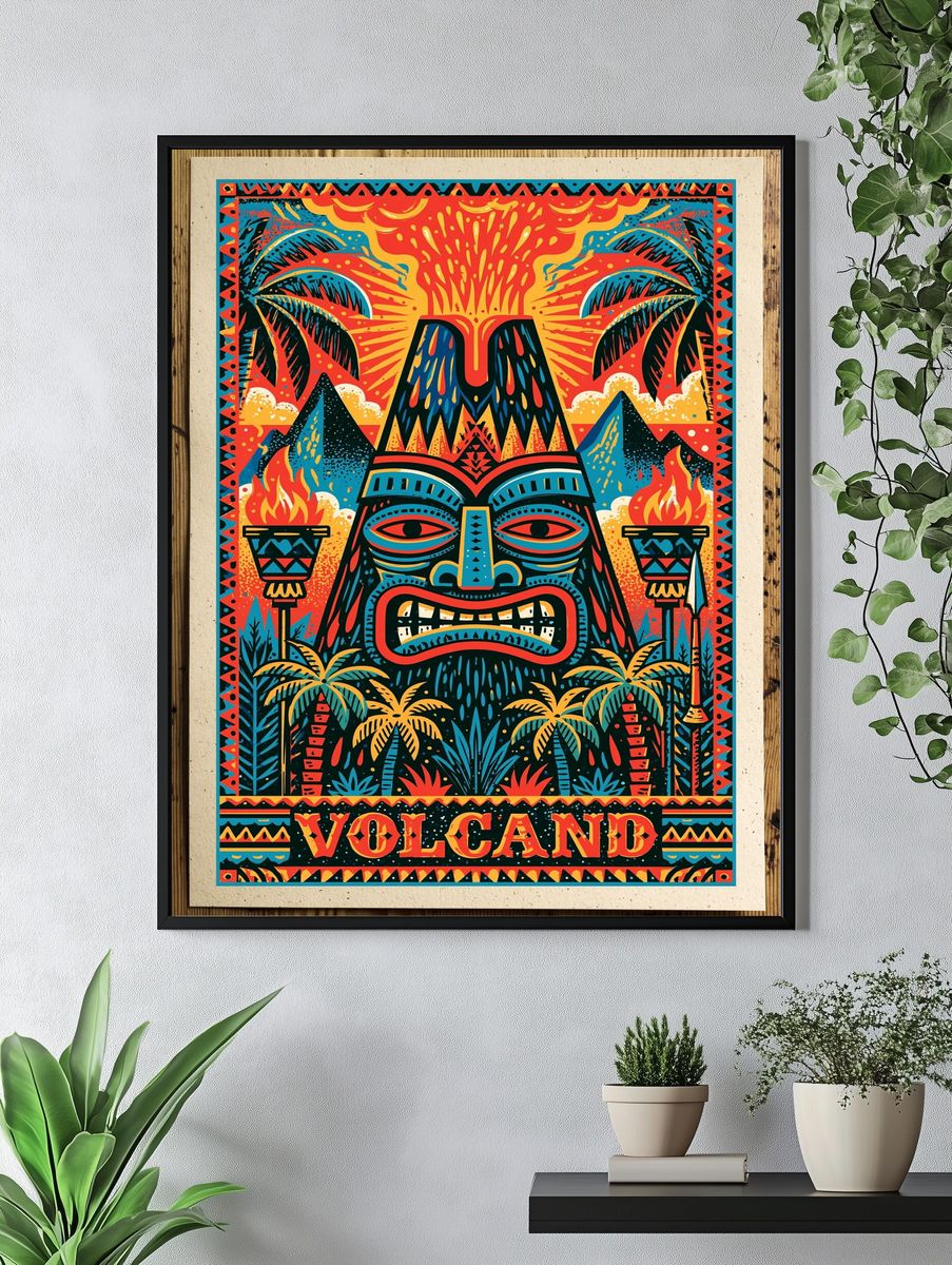 Volcano Tiki Illustration Poster. — room view 4