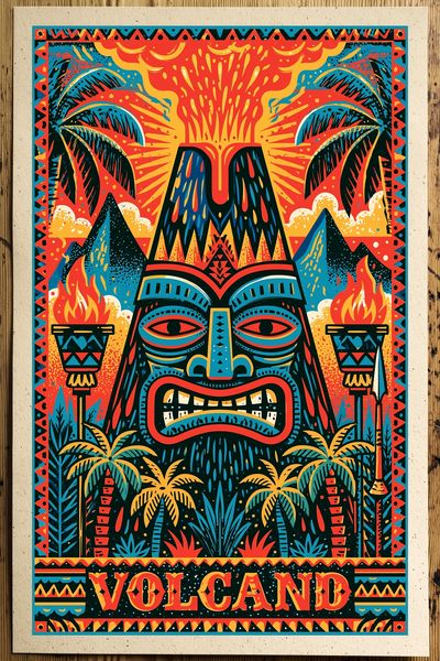 Volcano Tiki Illustration Poster. poster
