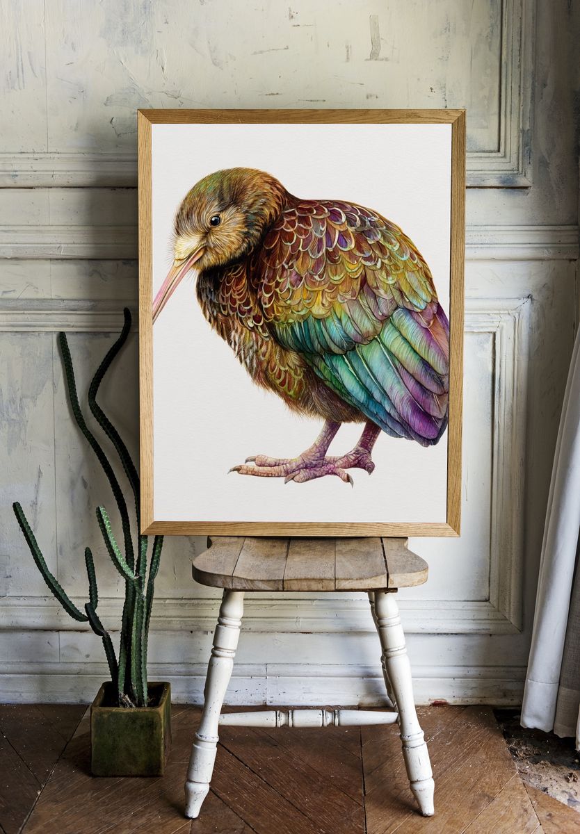 Rainbow Kiwi Watercolor Print. room preview