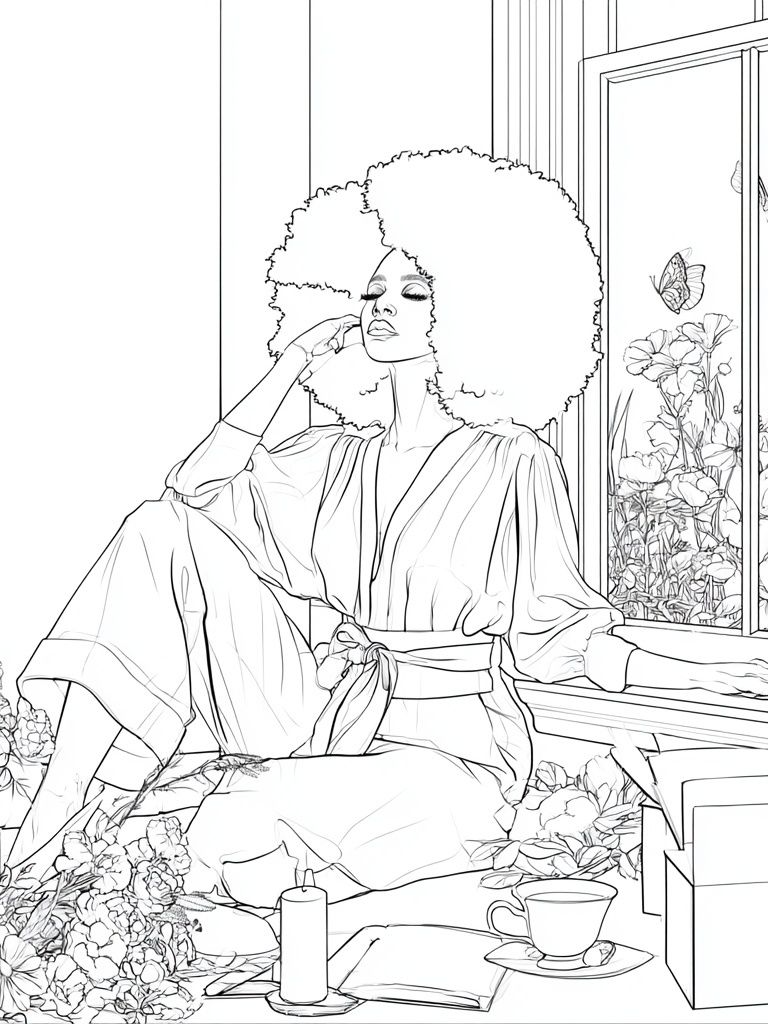 Afro Woman by Window Line Art Poster. poster — illustration art