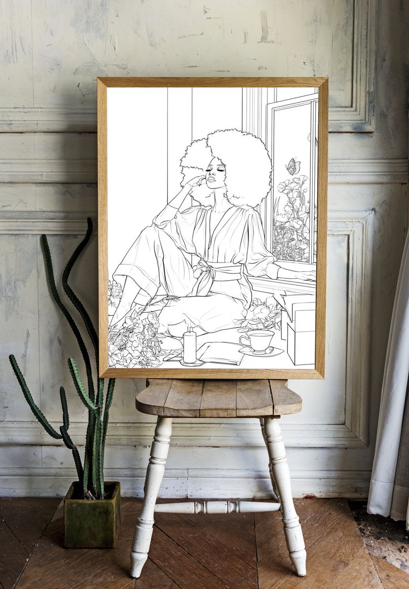 Afro Woman by Window Line Art Poster. — room view 1