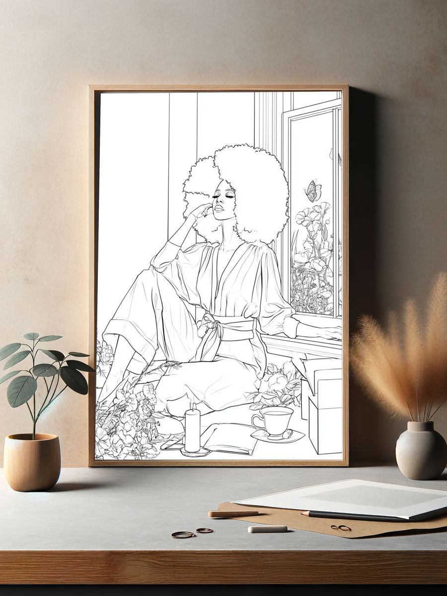Afro Woman by Window Line Art Poster. — room view 2