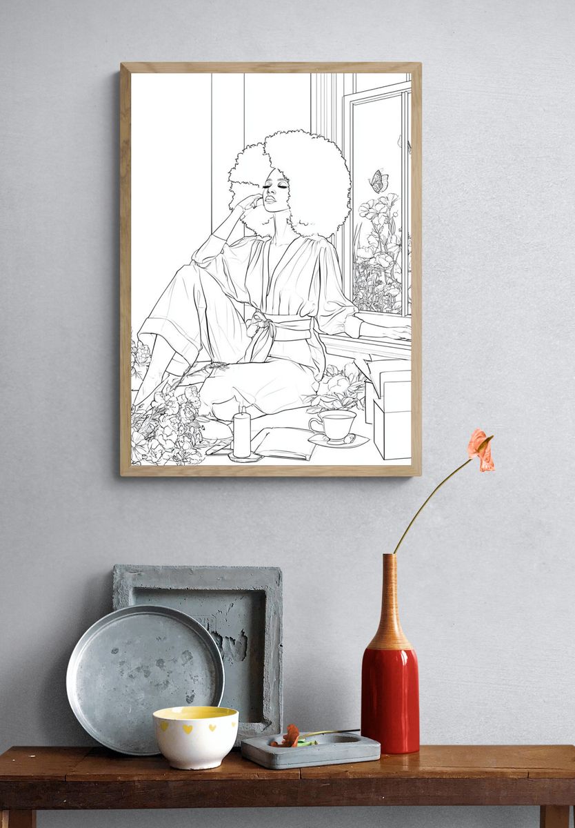Afro Woman by Window Line Art Poster. — room view 3