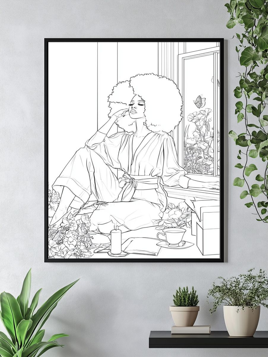 Afro Woman by Window Line Art Poster. — room view 4