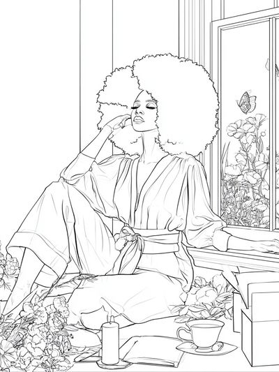 Afro Woman by Window Line Art Poster. poster
