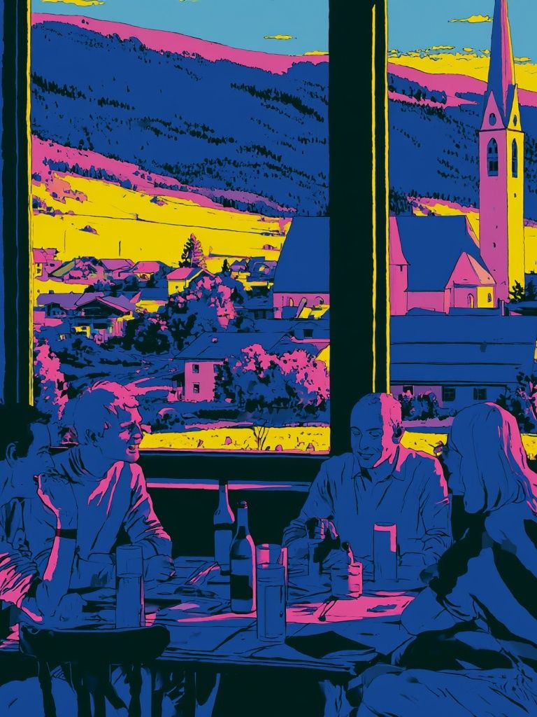 Neon Village Dinner Illustration Poster. poster — illustration art