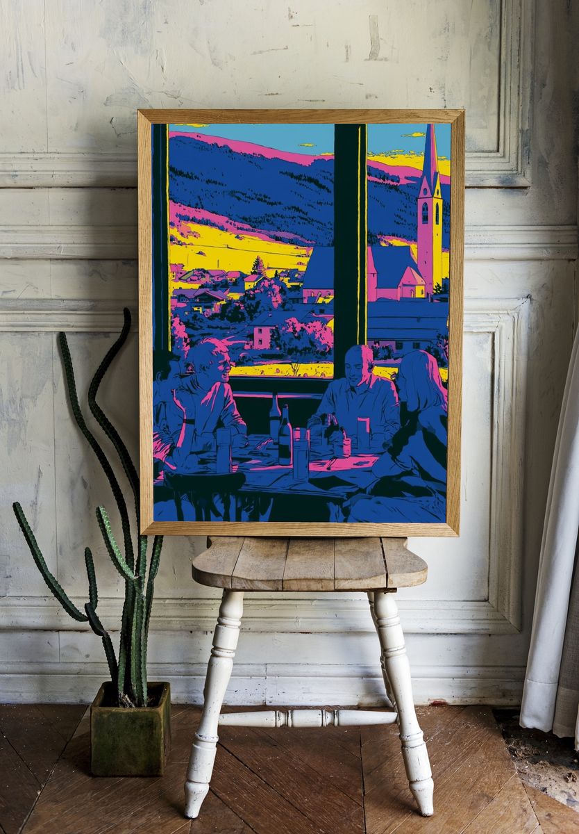 Neon Village Dinner Illustration Poster. room preview