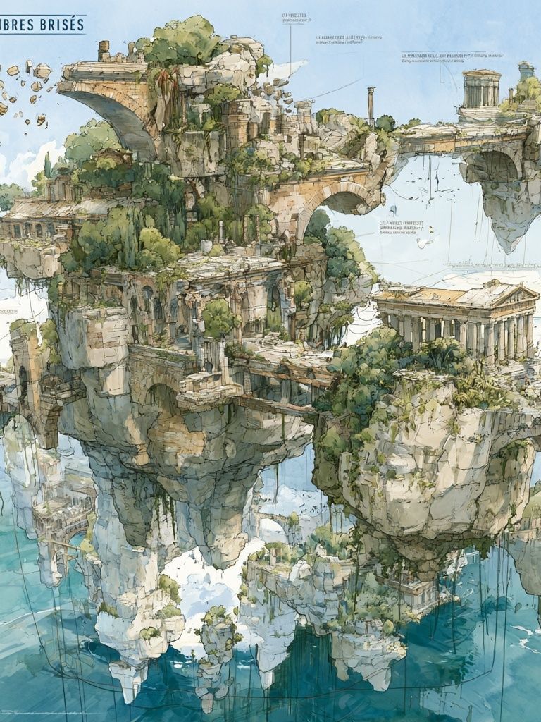 Floating Ruins Watercolor Print. poster — illustration art