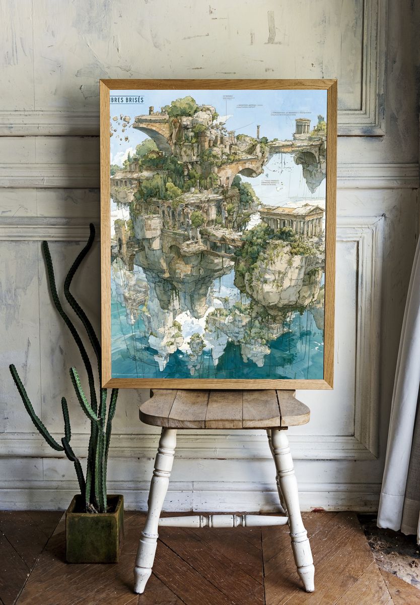 Floating Ruins Watercolor Print. room preview