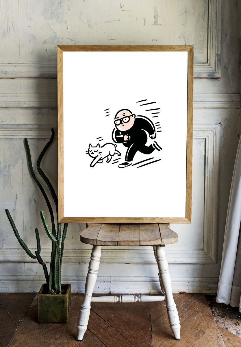 Running Man and Cat Cartoon Print. — room view 1