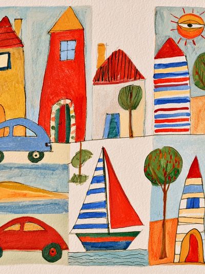 Whimsical Village Watercolor Poster. poster