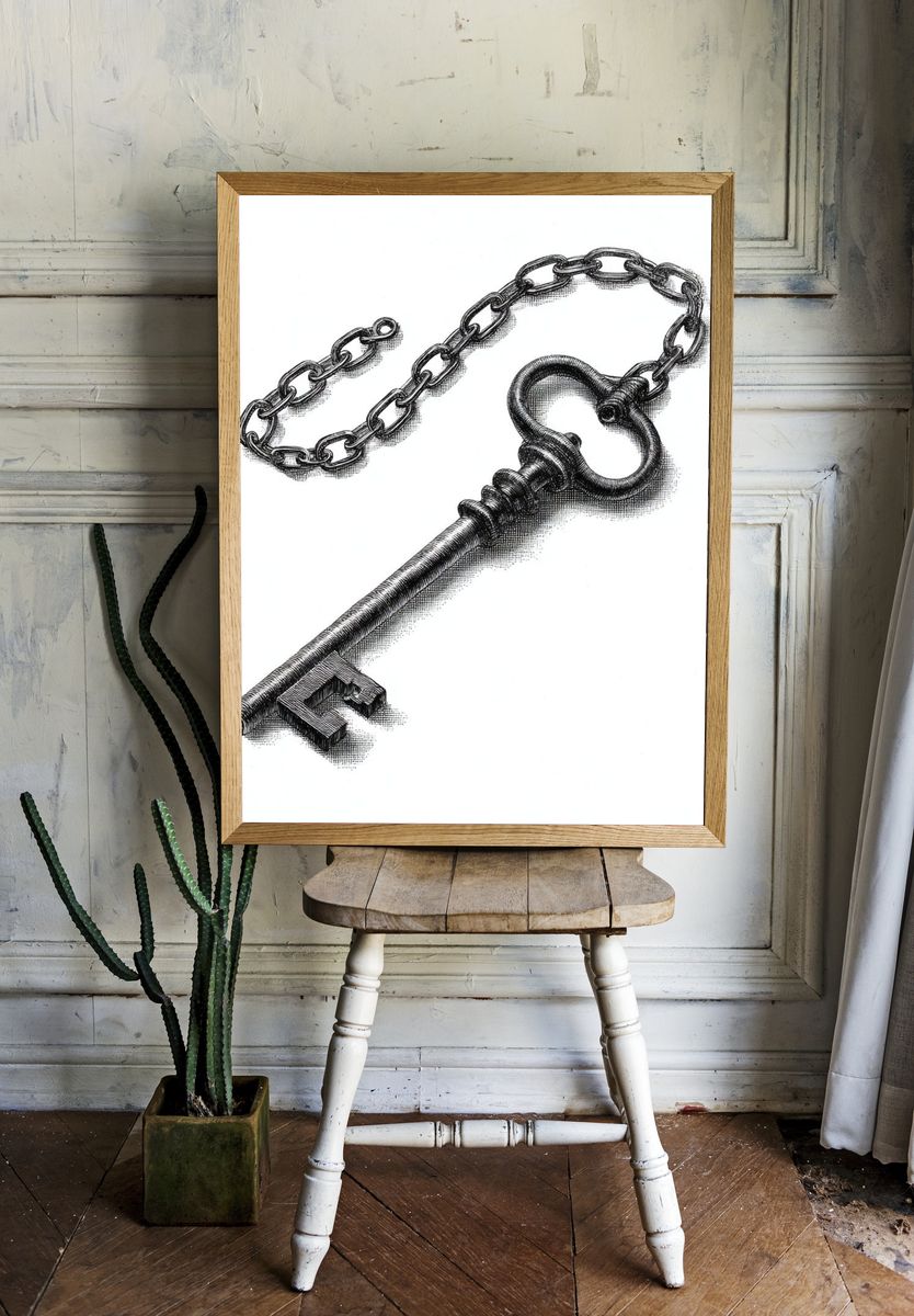 Antique Skeleton Key Illustration Print. — room view 1