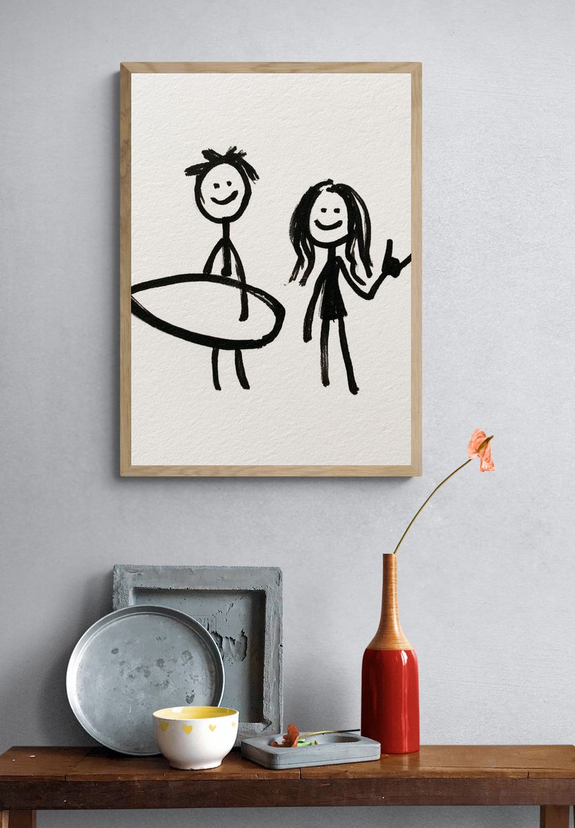 Stick Figure Surfers Illustration Poster. — room view 3