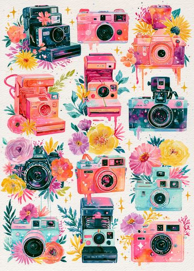 Floral Camera Collage Illustration Poster.