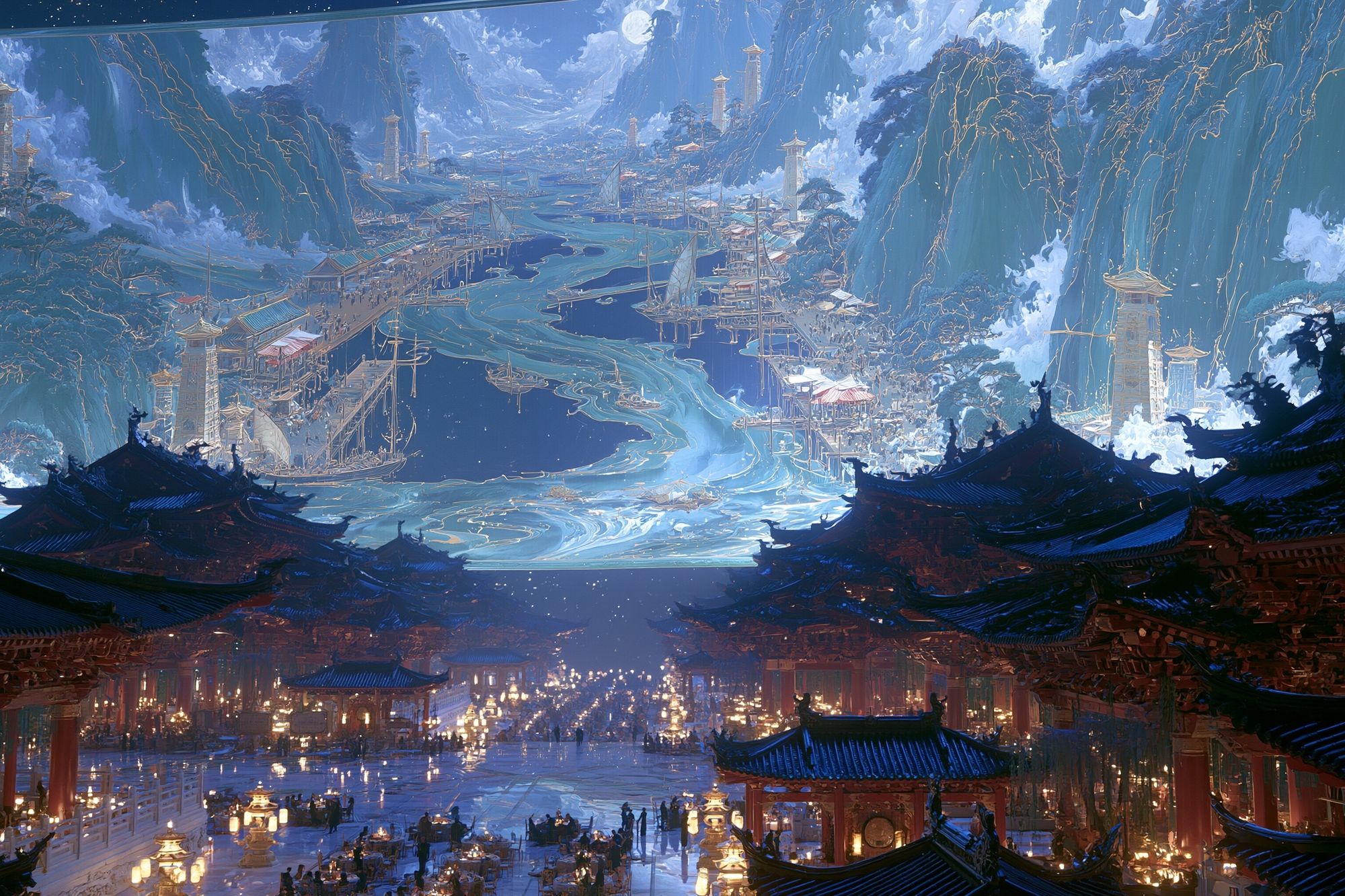 Celestial Mountain City Illustration Poster. poster — illustration art
