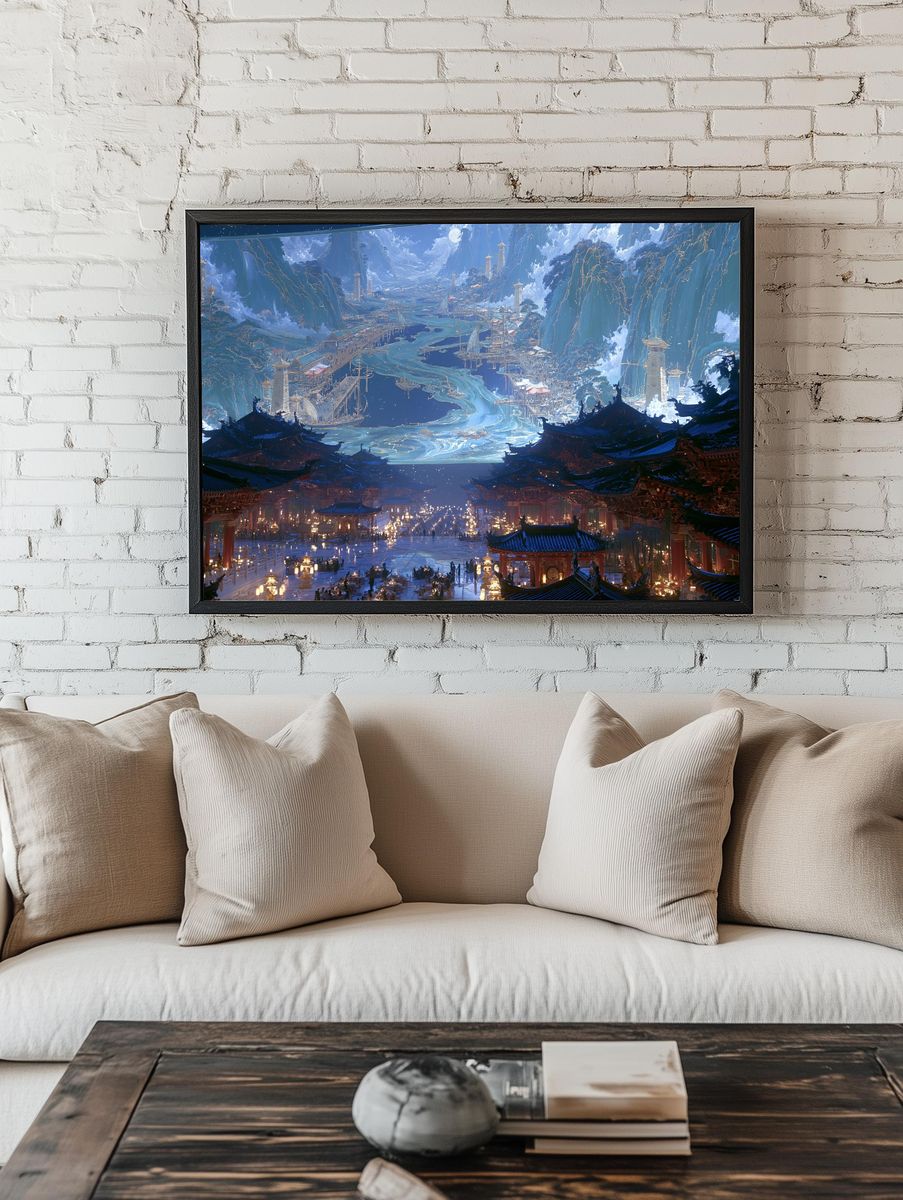 Celestial Mountain City Illustration Poster. room preview