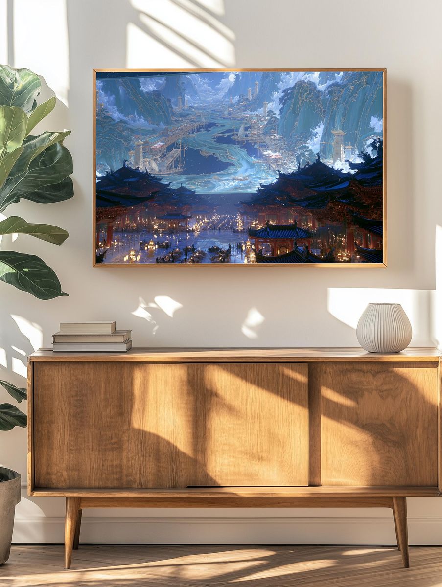 Celestial Mountain City Illustration Poster. — room view 3