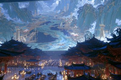 Celestial Mountain City Illustration Poster.
