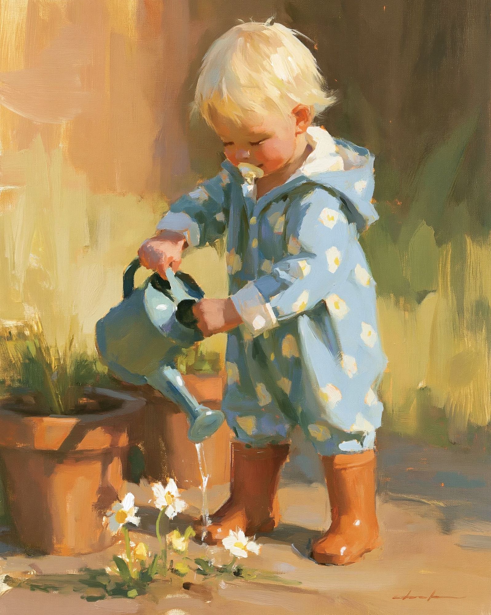 Toddler Watering Flowers Illustration Print. poster — illustration art