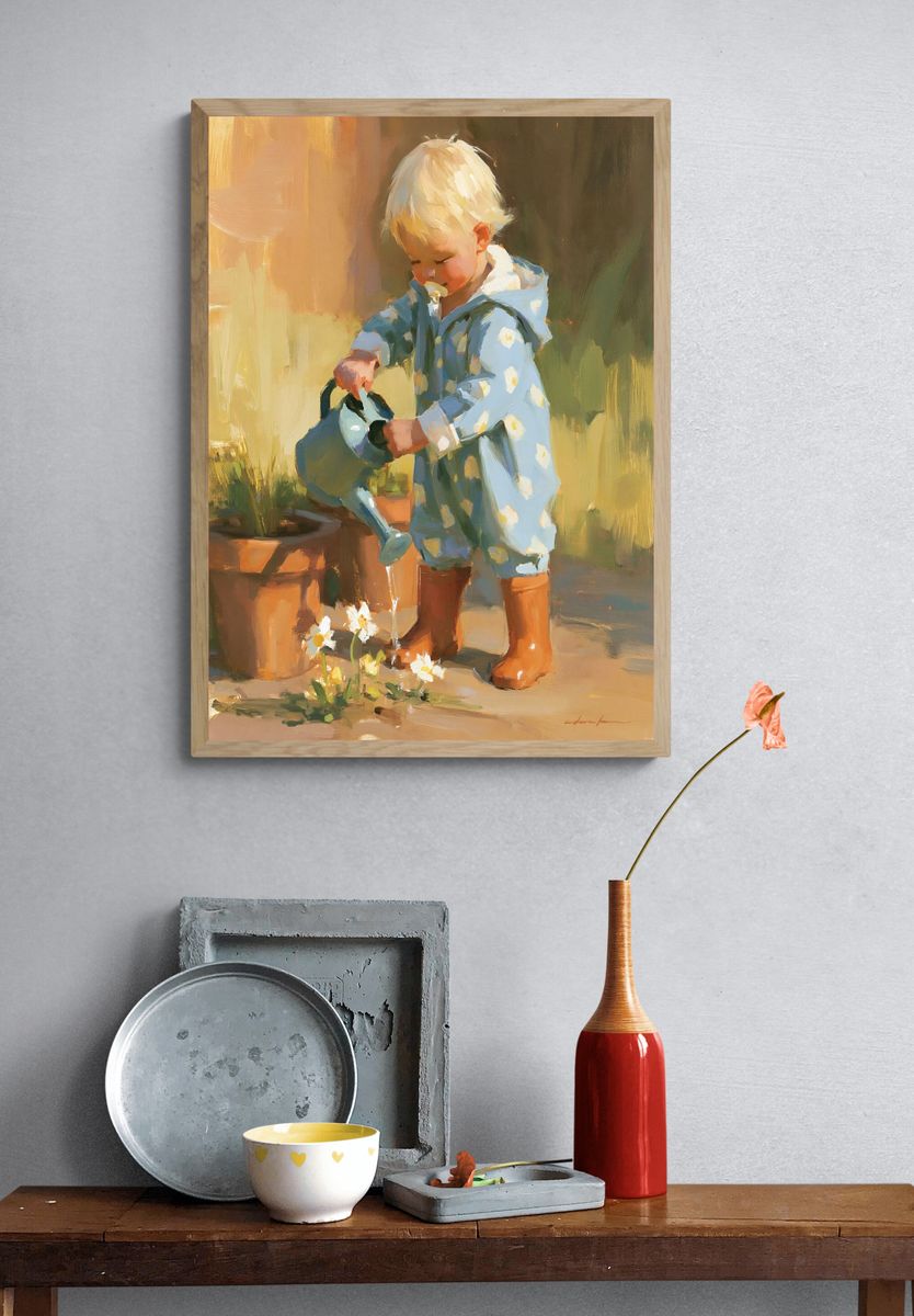 Toddler Watering Flowers Illustration Print. — room view 3