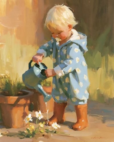 Toddler Watering Flowers Illustration Print. poster print