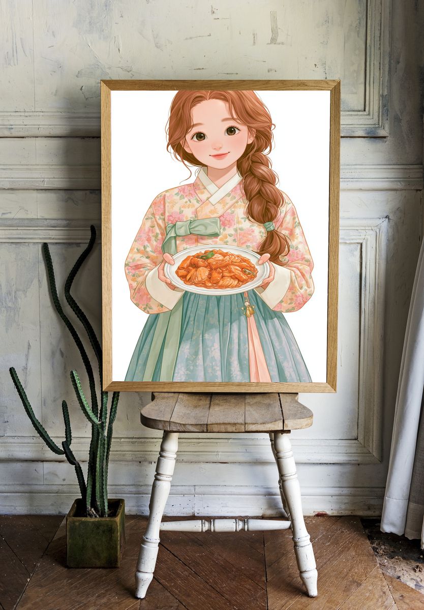Korean Hanbok Girl Food Illustration Poster. room preview