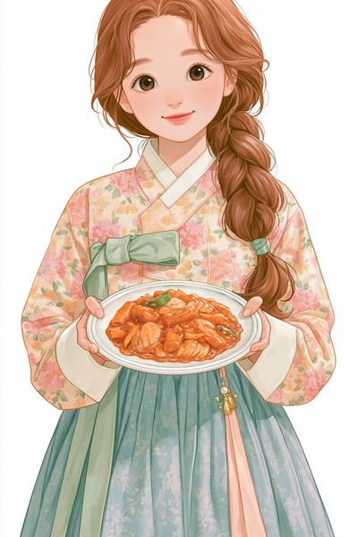 Korean Hanbok Girl Food Illustration Poster.