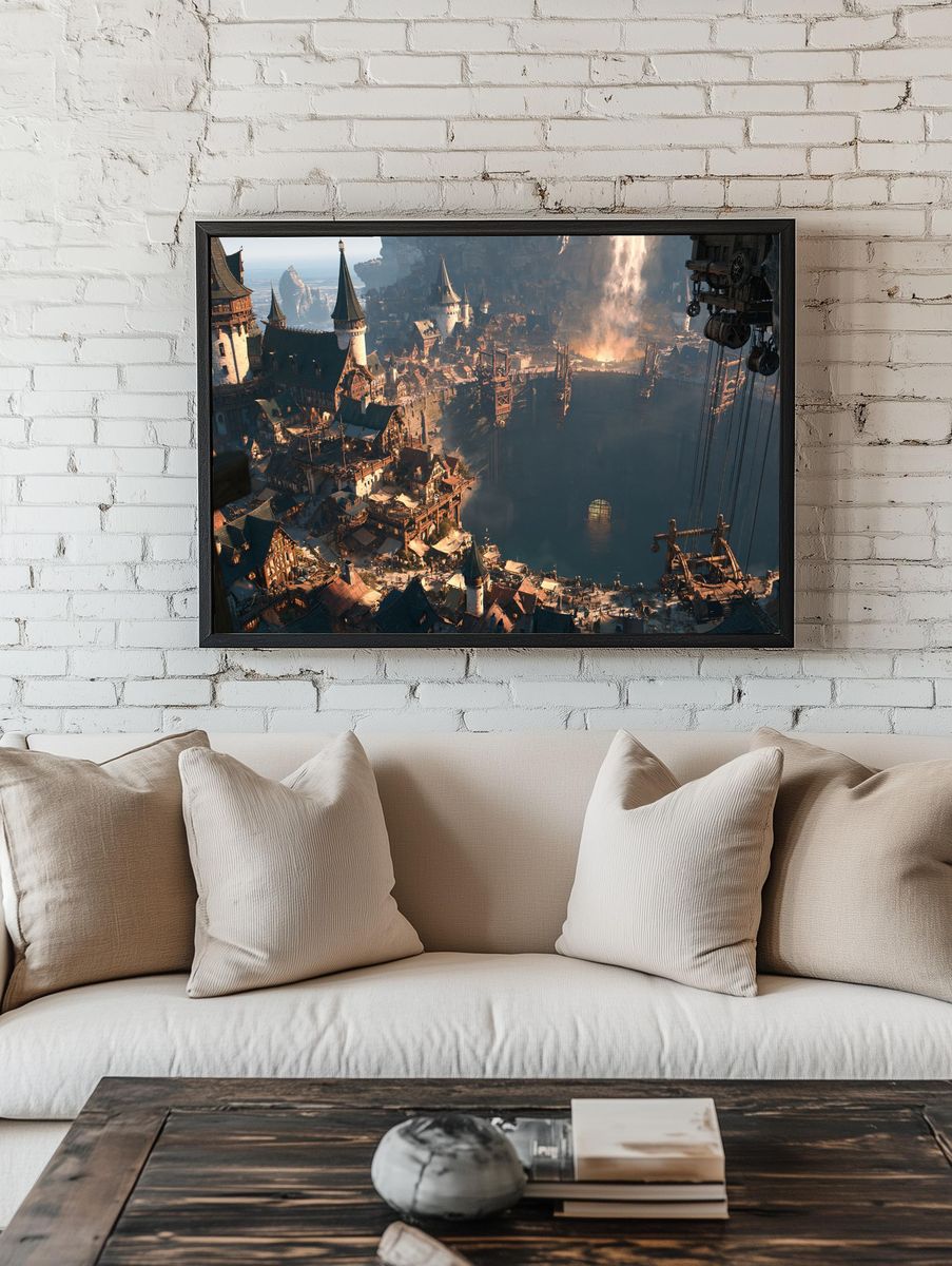 Fantasy Cliffside City Illustration Poster. — room view 1