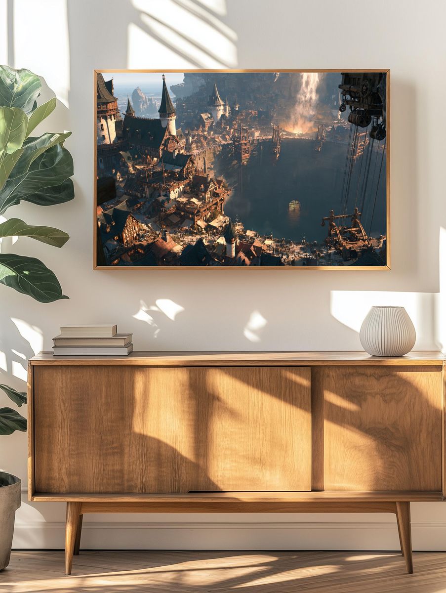 Fantasy Cliffside City Illustration Poster. — room view 3