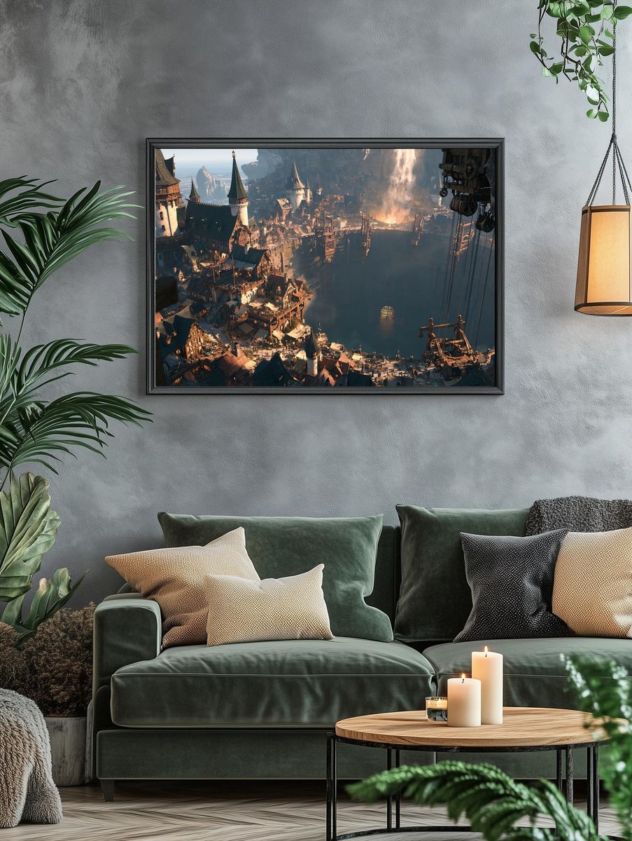 Fantasy Cliffside City Illustration Poster. — room view 4