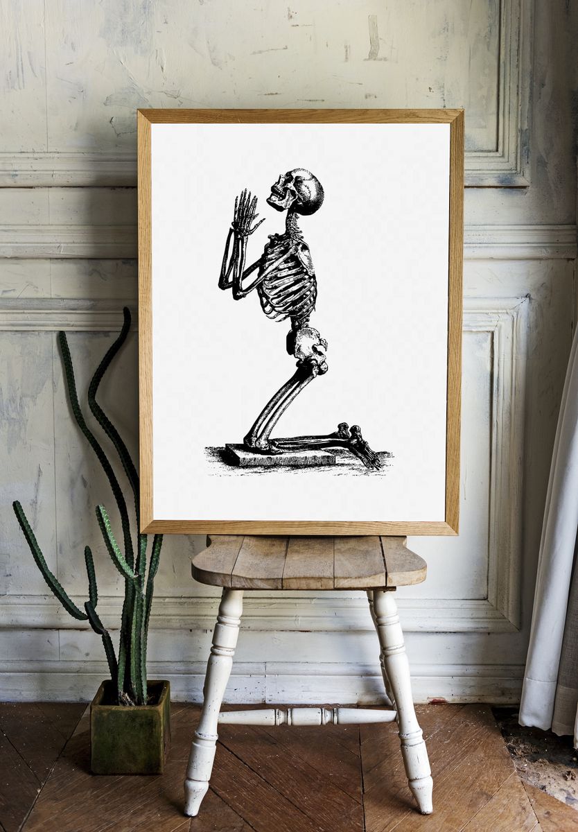 Vintage praying skeleton hand drawn. — room view 1