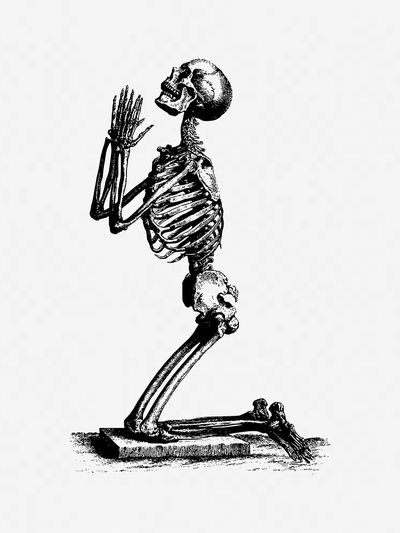 Vintage praying skeleton hand drawn. poster print