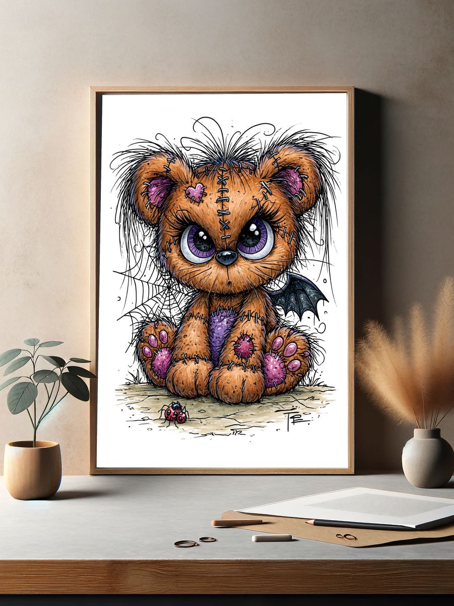 Stitched Teddy Bear Illustration Poster. — room view 2